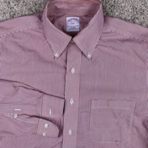 Brooks Brothers 346 Men's 15 - 2/3  Button Up Long Sleeve Red White Stripe Shirt - Picture 1 of 8